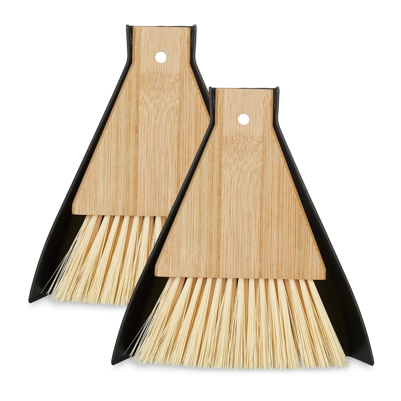 Relaxdays Mini Dustpan and Brush, Set of 2, Table Broom, Cleaning Equipment, Kitchen & Camping, Hanging, Black/Natural, 16.5 x 15 x 4 cm