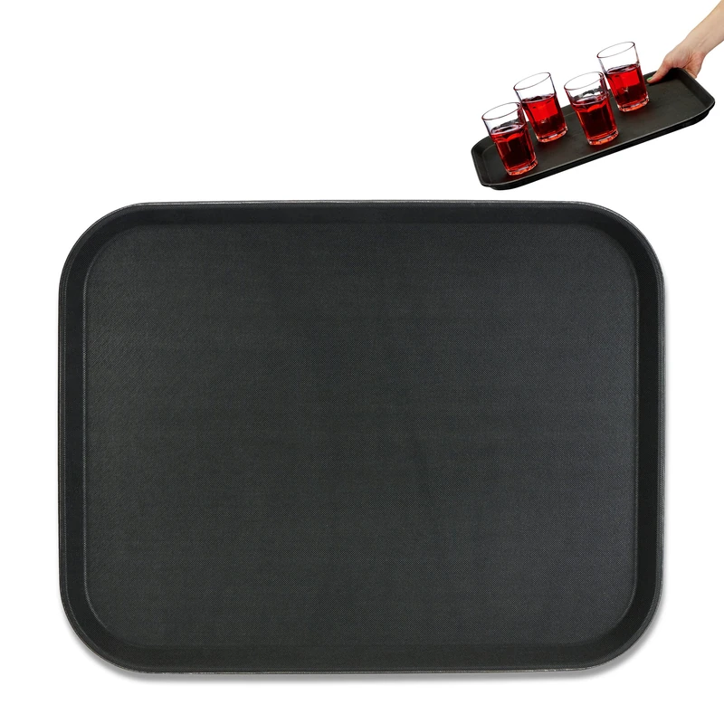 Relaxdays 2x Serving Trays, Rectangular, Drinks Plate, Non-Slip Rubber Surface, Waiter's Catering, WxD: 46x35 cm, Black