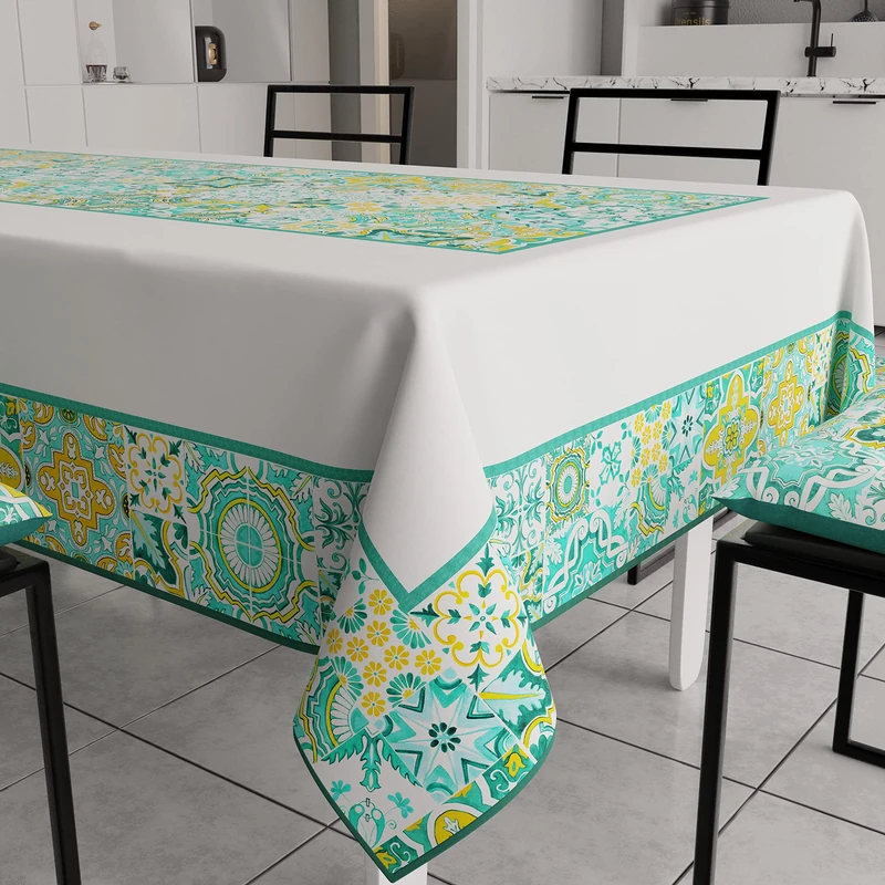 PETTI Artigiani Italiani - Anti-Stain Rectangular Tablecloth Kitchen Table Cover Geometric Design Vietri Aqua Green X24 Seater (140 x 450 cm) 100% Made in Italy
