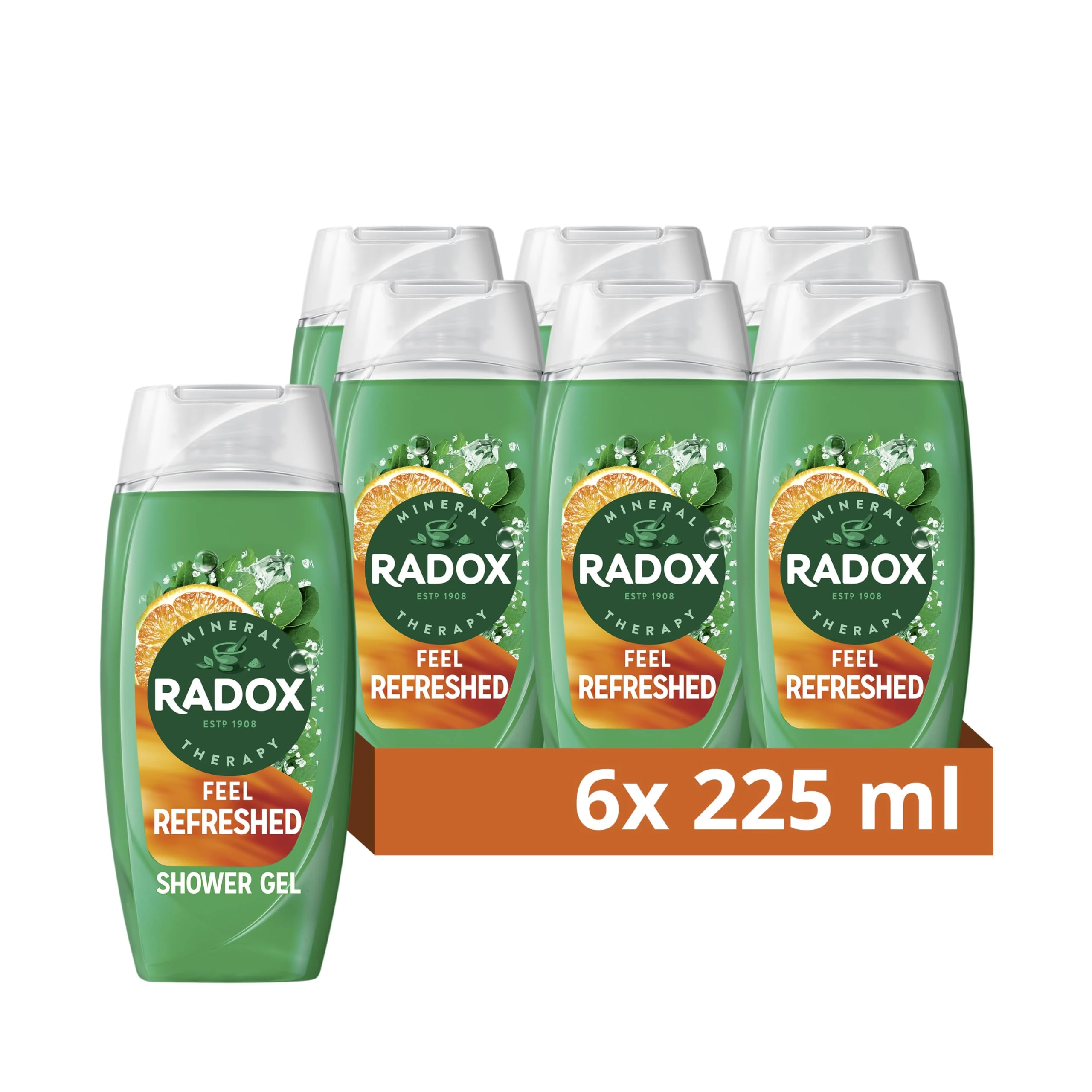 Radox Mineral Therapy Feel Refreshed Body Wash shower gel with a eucalyptus & citrus oil fragrance for a refreshing shower experience 6x 225 ml