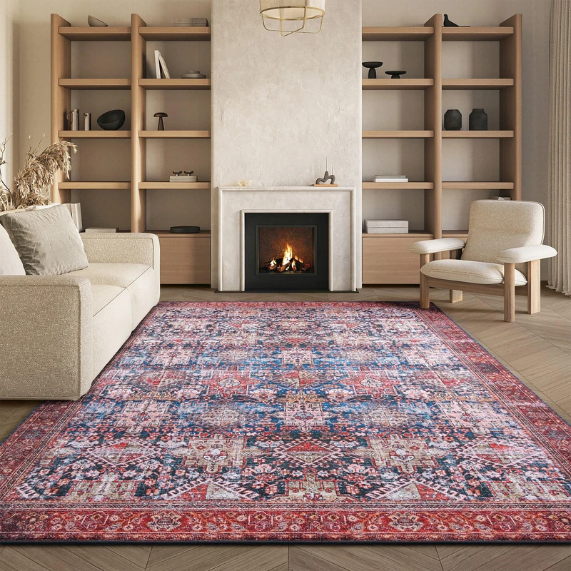 Safavieh Traditional Rug Ideal for High Traffic Areas - Machine Washable and Non Slip - Tucson Collection, Short Pile, in Navy and Rust, 244 X 305 cm