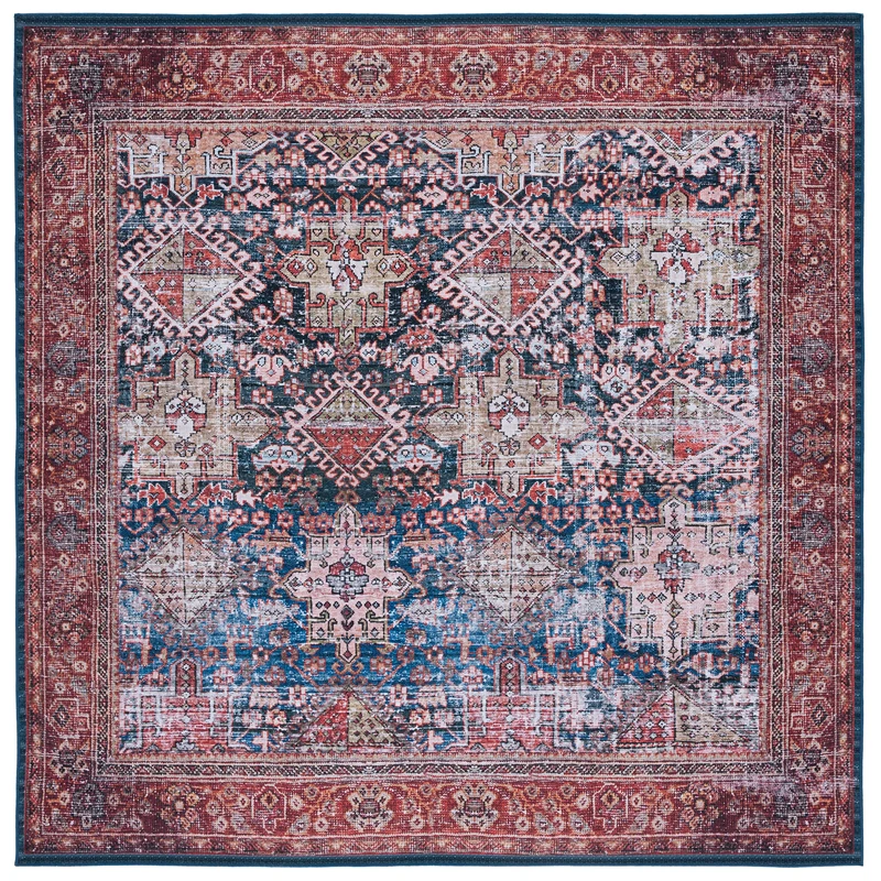 Safavieh Traditional Rug Ideal for High Traffic Areas - Machine Washable and Non Slip - Tucson Collection, Short Pile, in Navy and Rust, 183 X 183 cm