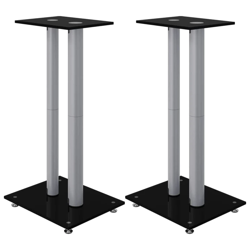 vidaXL Speaker Stands 2pcs, Speaker Floor Stand Bookshelf Speaker, Monitor Speaker Stand, Modern Style, Black&Silver Tempered Glass 2 Pillars Design
