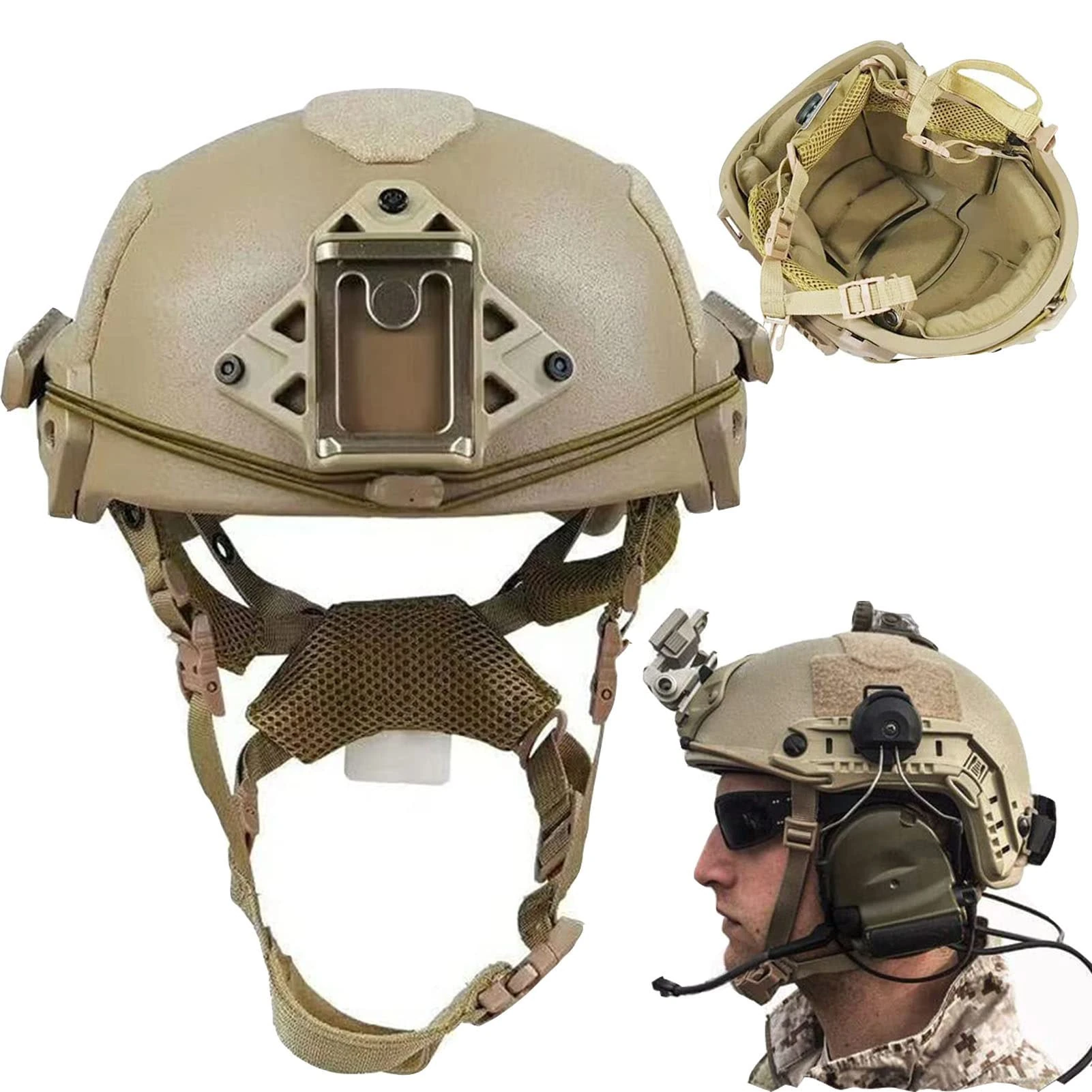 LMYYDES NIJ IIIA 9mm Tactical Helmets PE Fiber Lightweight Helmets Military Combat Helmets with Soft Inner Pads Airsoft CS Wargame Paintball Half-covered Tactical Training Hunting Helmet,Tan