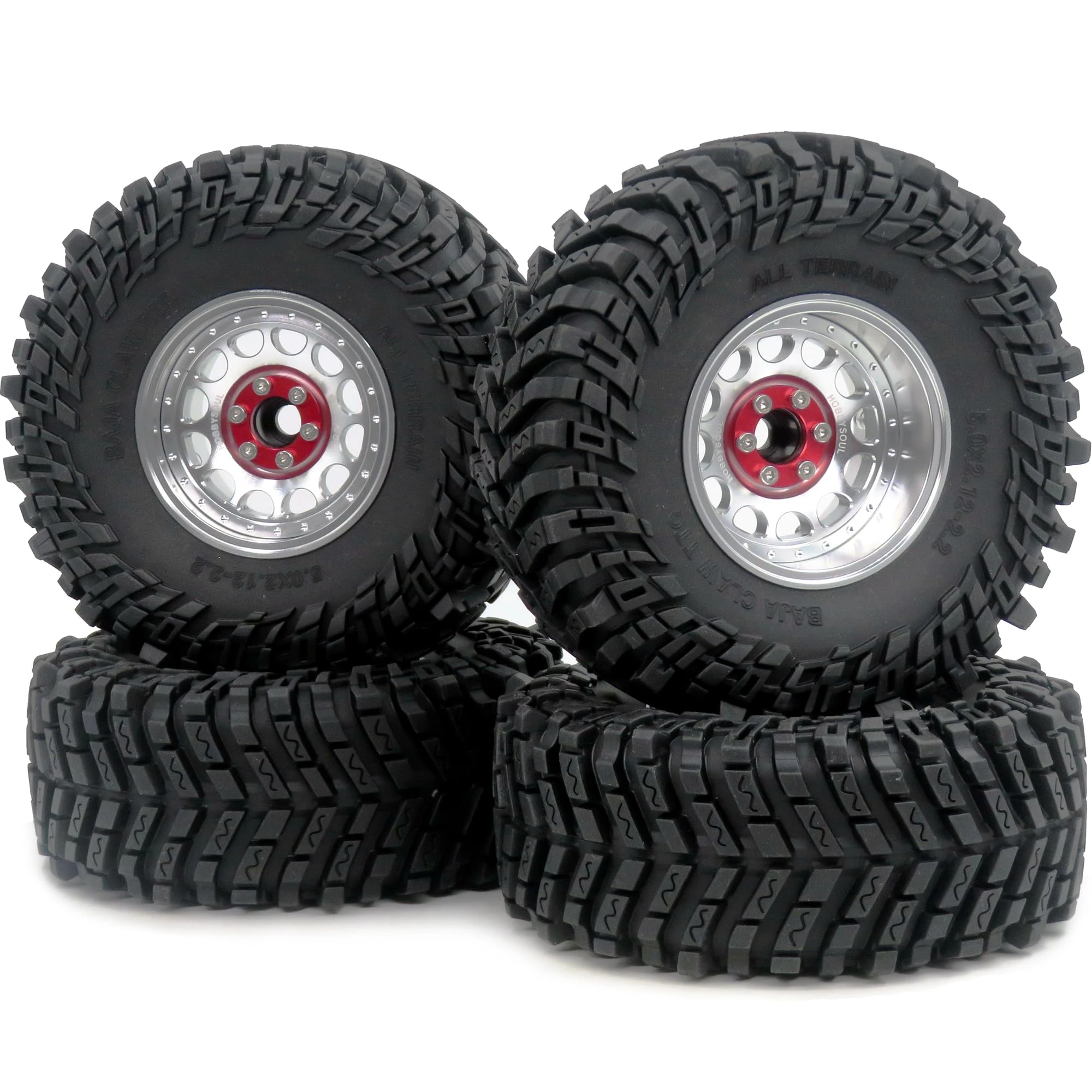 hobbysoul 2.2 Beadlock Wheels and Tyres, RC Adjustable 4 Offsets Silver Rims and Height 5.0'' Tires Fit for RC Mud Crawler Trail Gen7 Gen8 Everest 10 / Axial Capra Wraith,(4-Pack, Assembled)