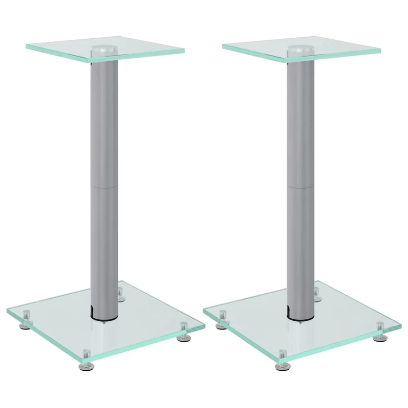 vidaXL Speaker Stands 2 pcs, Floor Stand for Home, Bookshelf Speaker for Studio Monitor, Modern Style, Silver Tempered Glass 1 Pillar Design