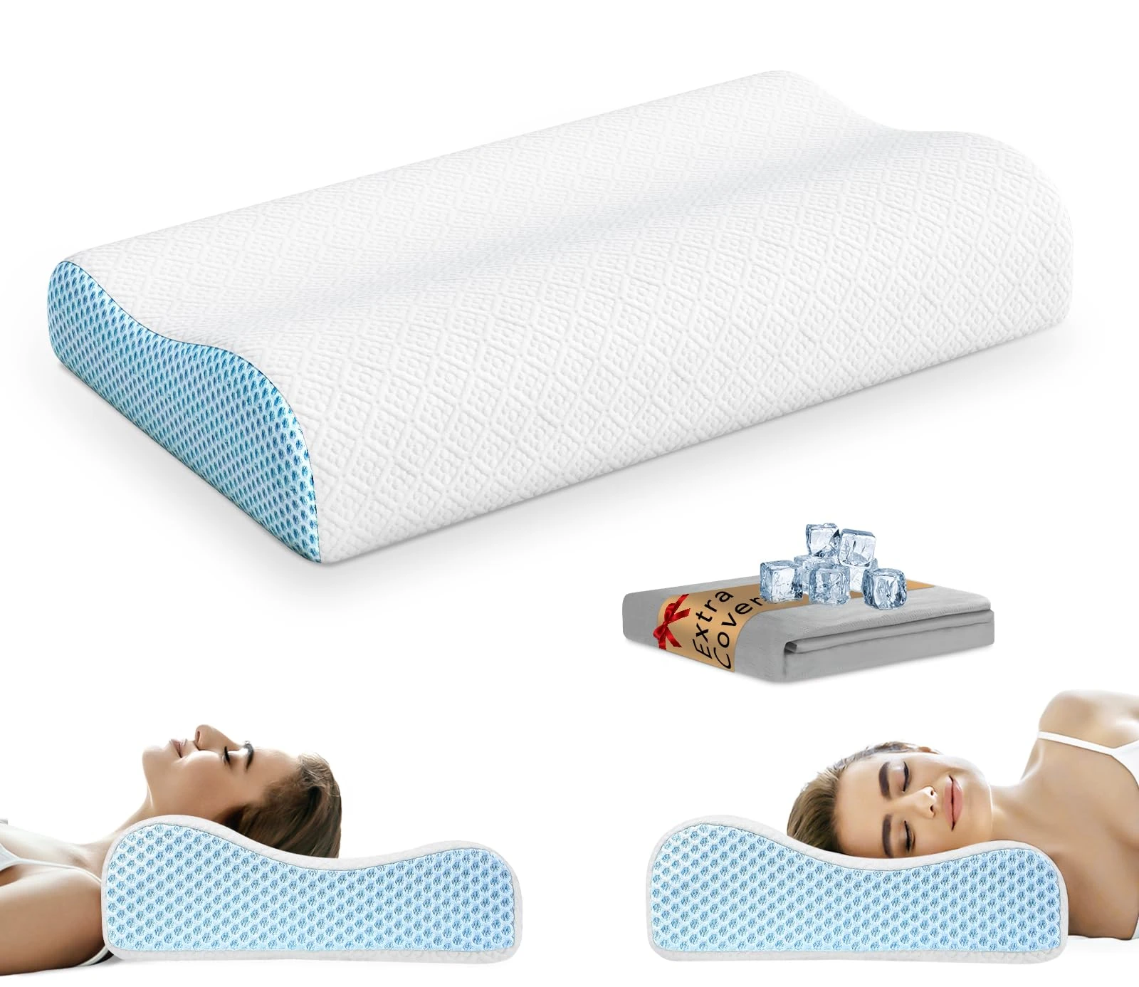 PKBD Memory Foam Pillow with Replacement Pillowcase(Cooling Ice Silk&Cotton),Neck/Shoulder Pain Relief,Ergonomic Orthopedic Cervical Pillow,Bed Pillow for Side,Back,Stomach Sleepers