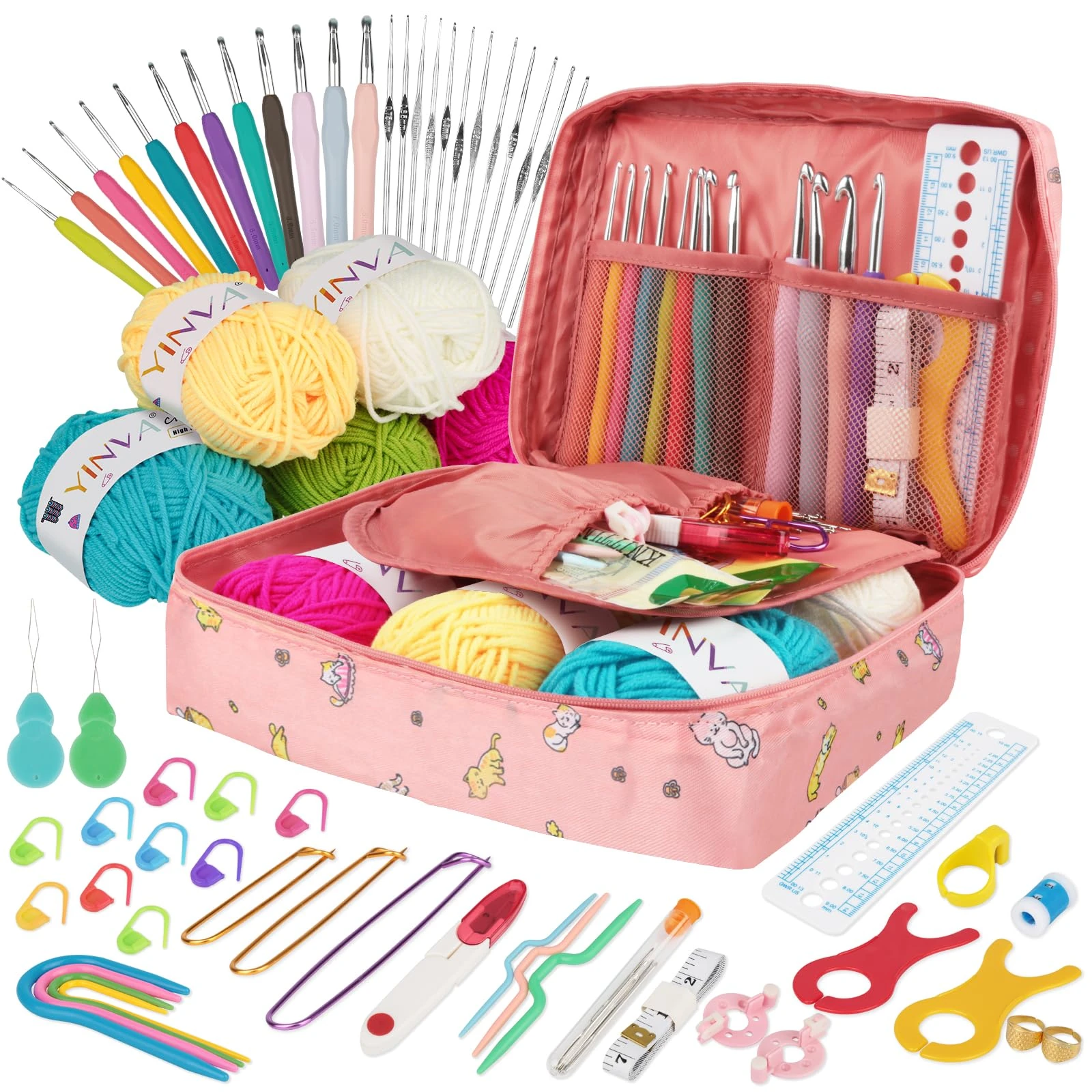 YINVA Crochet Hooks Set for Beginners Adults Crochet Kits Knitting Kit Ergonomic Metal Crochet Hooks Knitting Accessories Tools Crochet Wool Yarn Storage Case Needles Crochet Starter Kit