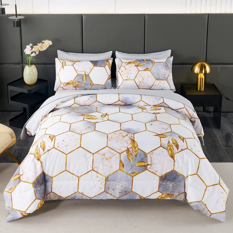 ANGIYUIN 7 Pieces White Gold Comforter Set Queen, Geometric Honeycomb Bedding Sets Hexagon Gold Trim Bed Sets, Ultra Soft Lightweight Bed in A Bag for Women Men (White Queen)
