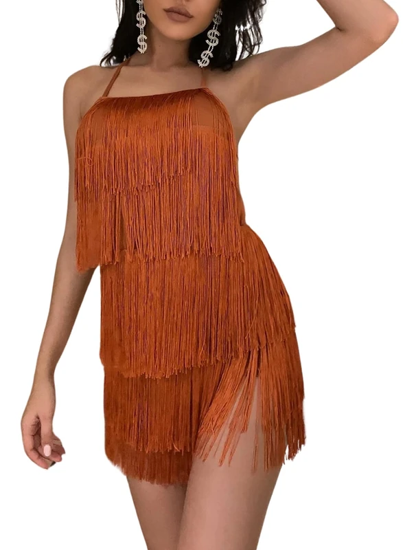 Sexy Backless Fringe Dress - Womens 1920s Flapper Tassel Halter Playsuit Romper Vintage Latin Dance Party Dresses(Brown,M,1074r) - Image 1