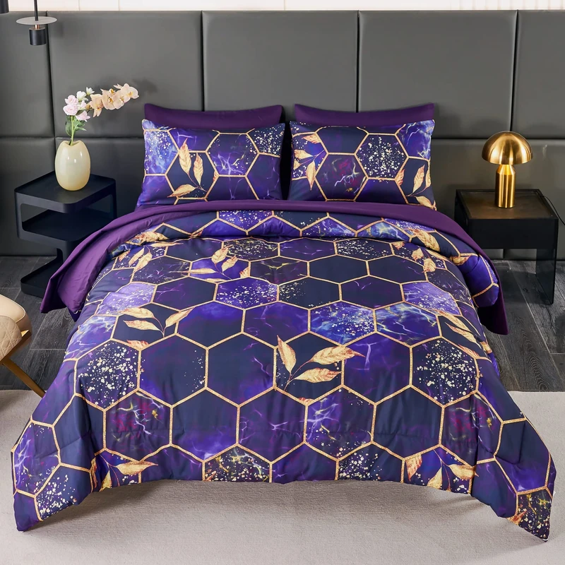 ANGIYUIN 7Pcs Mable Bed in A Bag Purple Gold Queen Comforter Set, 3D Geometric Honeycomb Theme Decor Yellow Leaf Bedding Set, Modern Foil Print Bed Sets with Comforter and Sheets (Purple Queen)