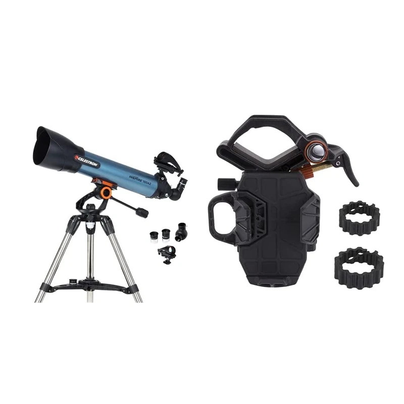Celestron 22403 Inspire 100AZ Refractor Smartphone Adapter Built-In Refracting Telescope - Blue & 81055 NexYZ 3-Axis Universal Smartphone Adapter, Patented Design, Black