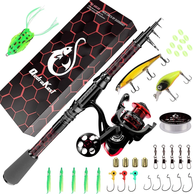 QudraKast Fishing Rod and Reel Combos, Unique Design with X-Warping Painting, Carbon Fiber Telescopic Fishing Rod with Reel Combo Kit, Best Gift for Fishing Beginner and Angler (3.3M Rod)