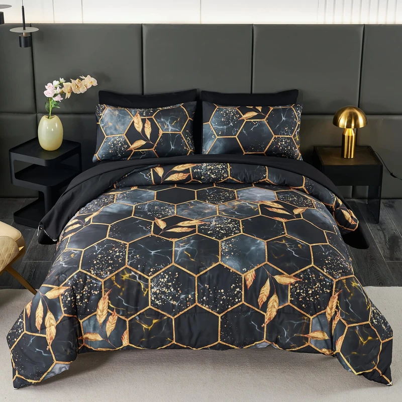 ANGIYUIN Geometric Black Queen Comforter Set, 7 Pieces Modern Foil Print Decor Gold Trim Bed in A Bag, Ultra Soft Lightweight Duvet Insert for All Season (Black Queen)