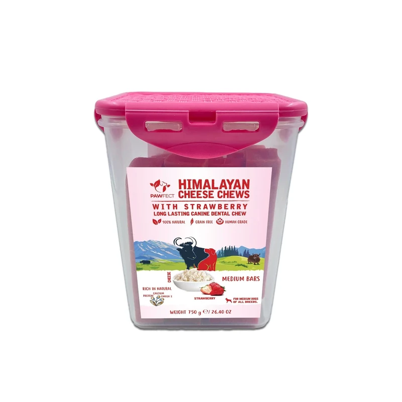 Pawfect Himalayan Cheese Chew Strawberry Bars (Medium, 10-Pack Tub, 750g/26.45oz) – Natural Dental Treats for Dogs – Grain-Free, Antioxidant-Rich Yak Milk Chews