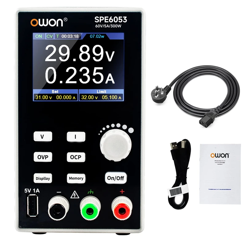 OWON SPE6053 Programmable DC Power Supply, 300W 60V/5A High Precision 4 Digit Multiple Protection,2.8 inch TFT LCD Display with USB Port Support SCPI Laboratory Power Supply