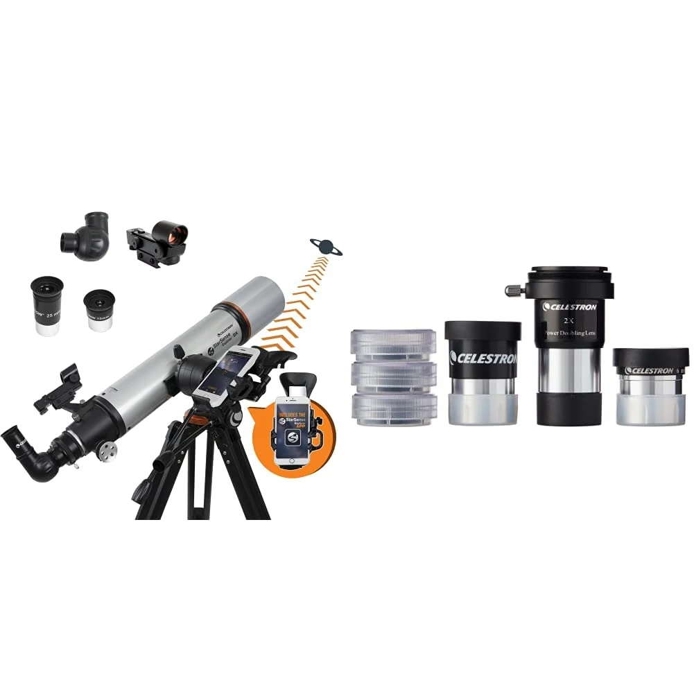 Celestron 22460 StarSense Explorer DX 102AZ Smartphone App-Enabled Refractor Telescope, iPhone/Android Compatible, Grey & 94307 AstroMaster Telescope Accessory Kit, Black