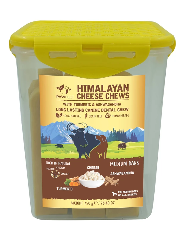 Pawfect Himalayan Cheese Chew Turmeric Bars (Medium, 10-Pack Tub, 750g/26.45oz) – Natural Dental Treats for Dogs – Grain-Free, Anti-Inflammatory Yak Milk Chews