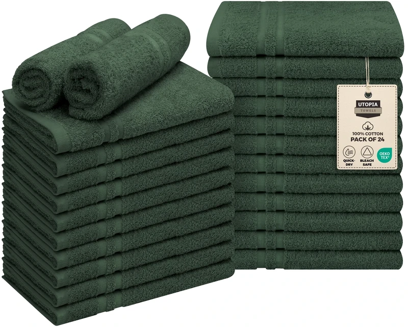Utopia Towels Cotton Bleach Proof Salon Towels (16x27 inches) - Bleach Safe Gym Hand Towel (24 Pack, Forest Green)