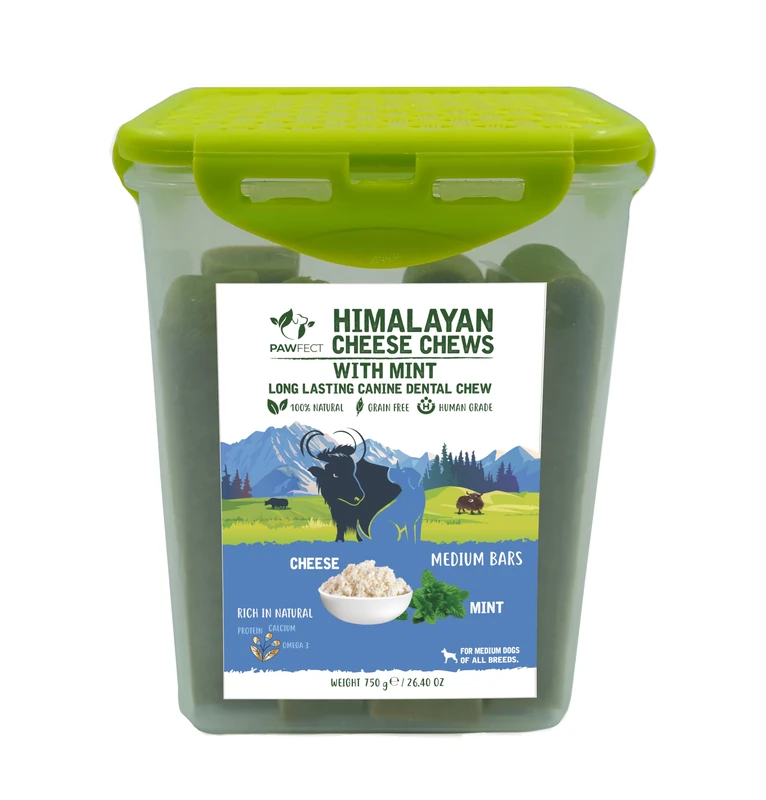 Pawfect Himalayan Cheese Chew Mint Bars (Medium, 10-Pack Tub, 750g/26.45oz) – Natural Dental Treats for Dogs – Grain-Free, Breath-Freshening Yak Milk Chews