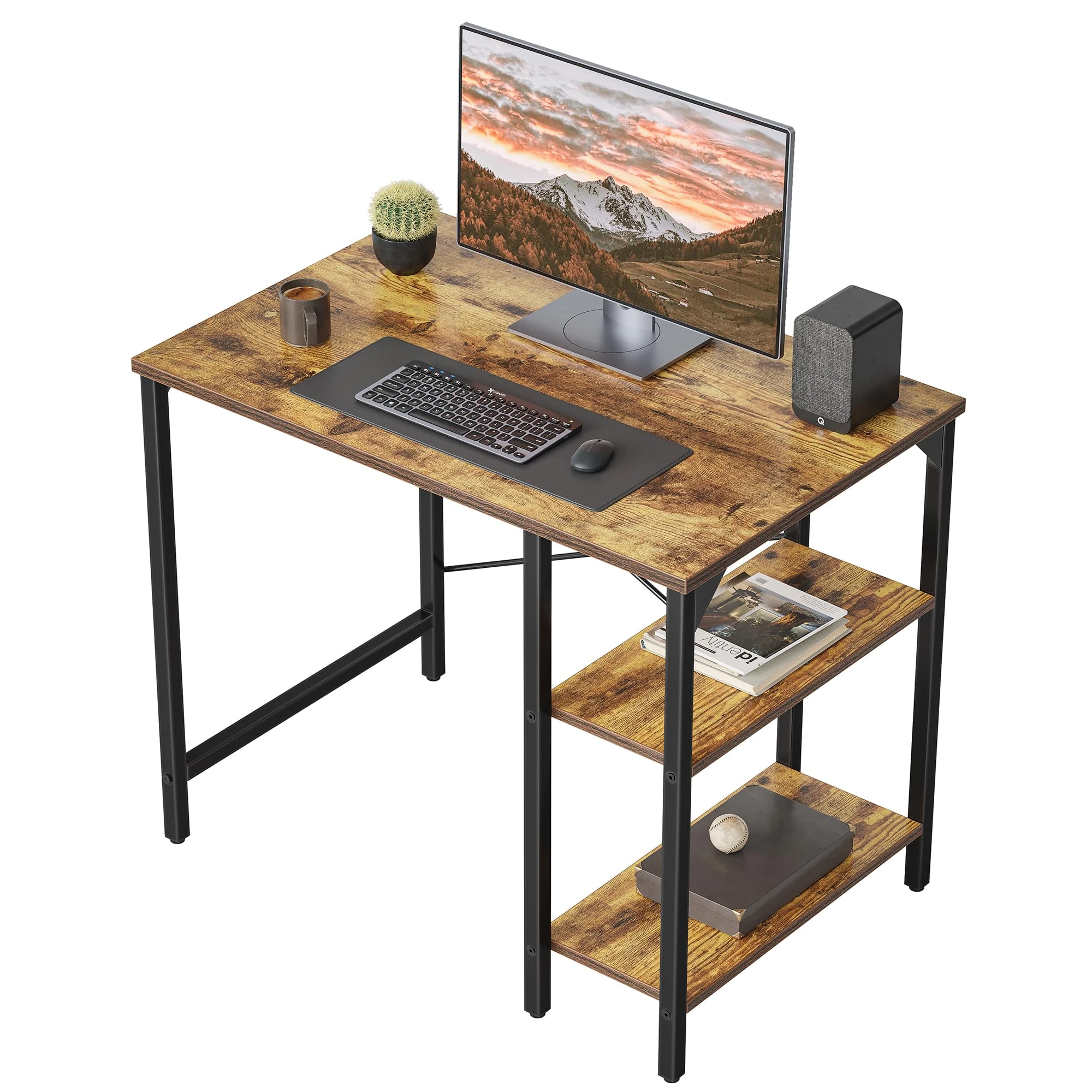 CubiCubi Small Computer Desk, 90 x 48 cm Office Desk with Reversible Storage Shelves, Modern Style for Study, Bedroom, Living Room, Rustic Brown