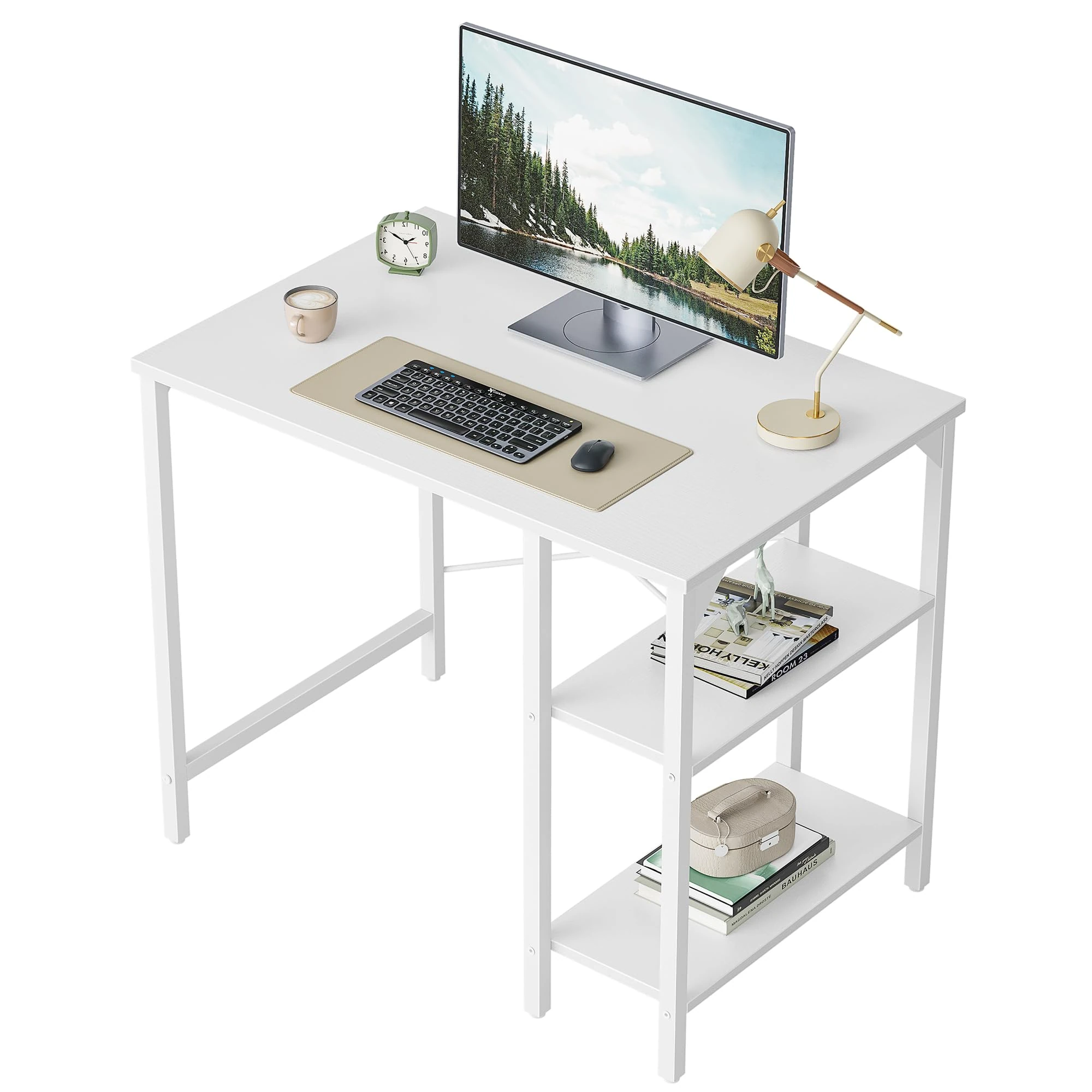 CubiCubi Small Computer Desk, 90 x 48 cm Office Desk with Reversible Storage Shelves, Modern Style for Study, Bedroom, Living Room, White