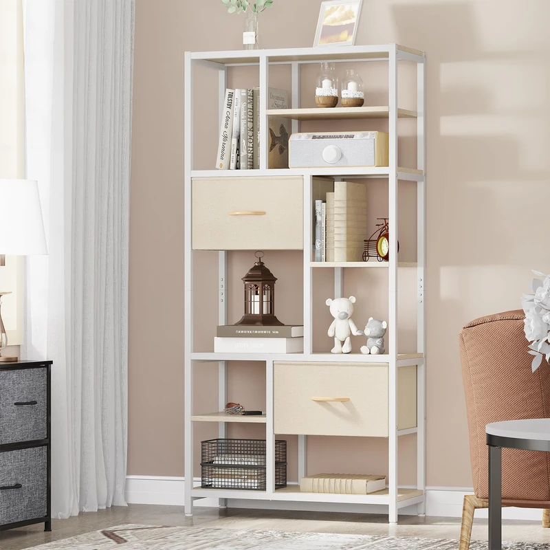 YITAHOME Bookcase, 7 Tier Bookshelf with drawers Floor Standing Book Shelf Industrial Shelving Unit Storage Rack with Steel Frame for Living Room, Office, Study, Hallway, Kitchen, Beige