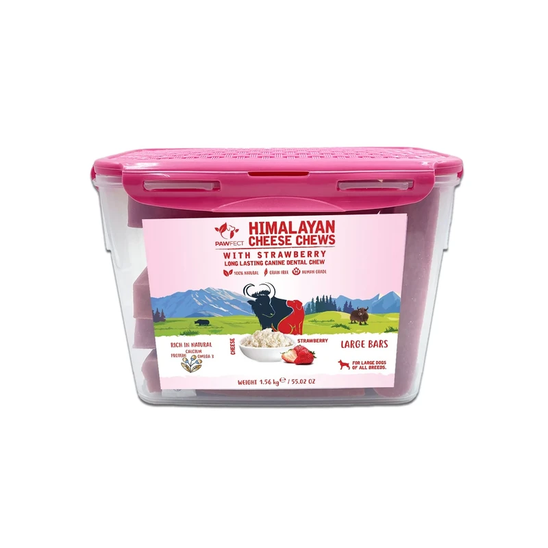 Pawfect Himalayan Cheese Chew Strawberry Bars (Large, 10-Pack Tub, 1560g/55.02oz) – Natural Dental Treats for Dogs – Grain-Free, Antioxidant-Rich Yak Milk Chews