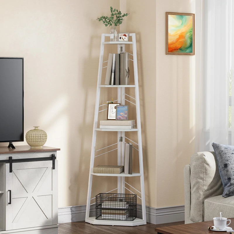 YITAHOME Corner Shelf 5 Tier, Industrial Corner Bookshelf Modern Floorstanding Corner Bookcase Ladder Shelf Wooden Open Shelving Unit for Living Room, Hallway, Home Office, Pure White Book shelf
