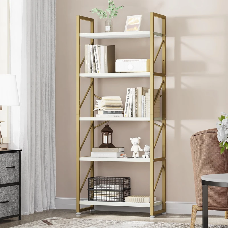 YITAHOME Bookcase 5 Tiers, Floor Standing Book Shelf, Wooden Shelf and Metal Frame Book Rack, Display Storage Rack Shelving Units for Living Room, Home Office - Gold Bookshelf