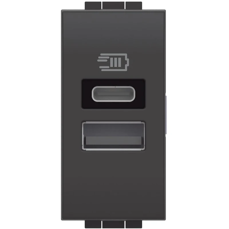 Bticino L4191AC USB Charger with Two Inputs Type A and C, to be Installed in the Livinglight Plate, to Charge an Electronic Device Up to 15 W or Two Devices Together, 1 Module, Anthracite