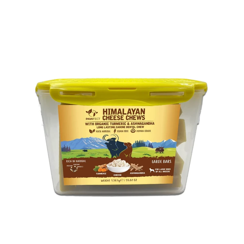Pawfect Himalayan Cheese Chew Turmeric Bars (Large, 10-Pack Tub, 1560g/55.02oz) – Natural Dental Treats for Dogs – Grain-Free, Anti-Inflammatory Yak Milk Chews