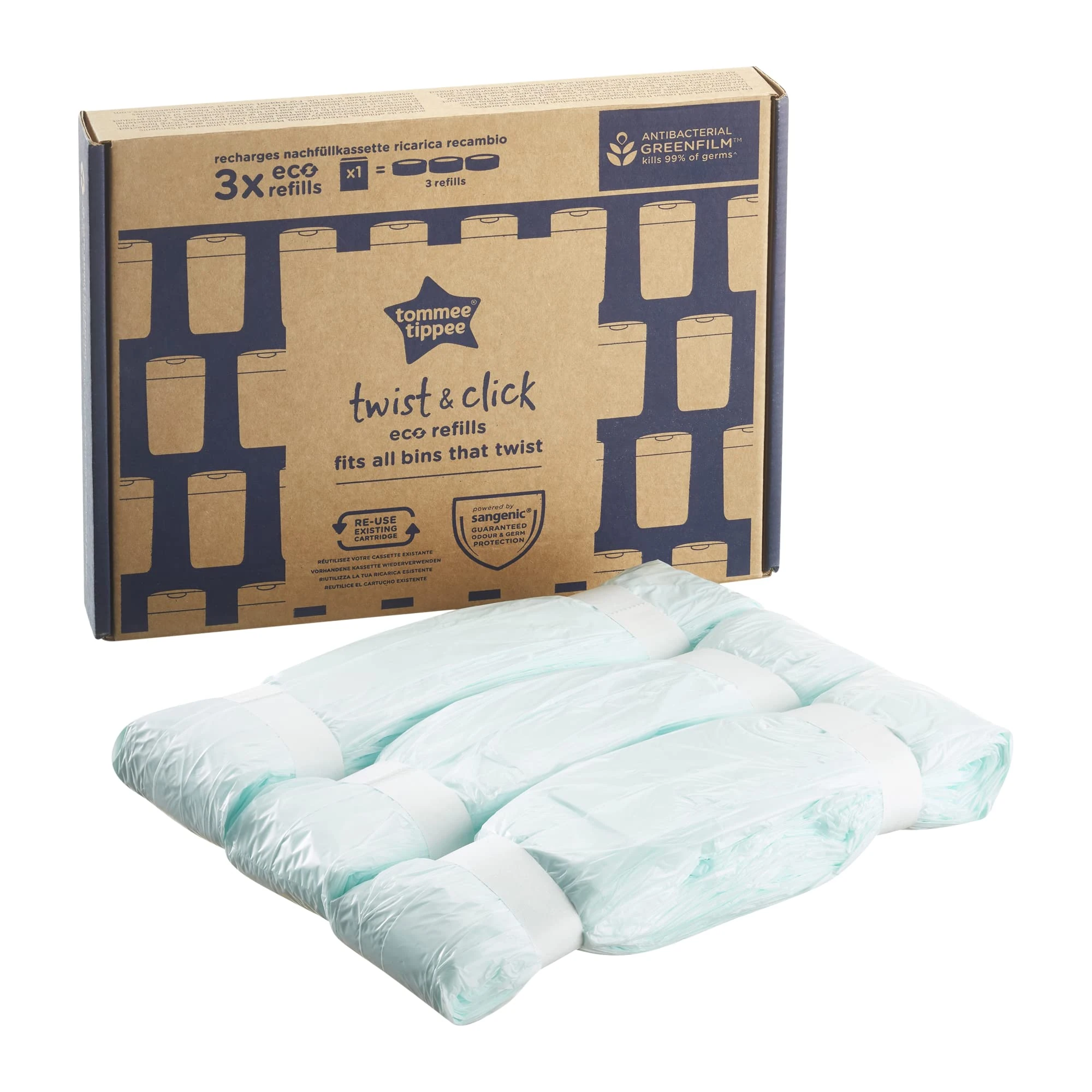 Tommee Tippee Twist & Click Nappy Bin Refills, Pack of 3, each 10.5 metres, Multilayer, Antibacterial* Film, Designed to Slot into Your Existing Twist & Click Nappy Bin Cassette (3 X 10.5m)