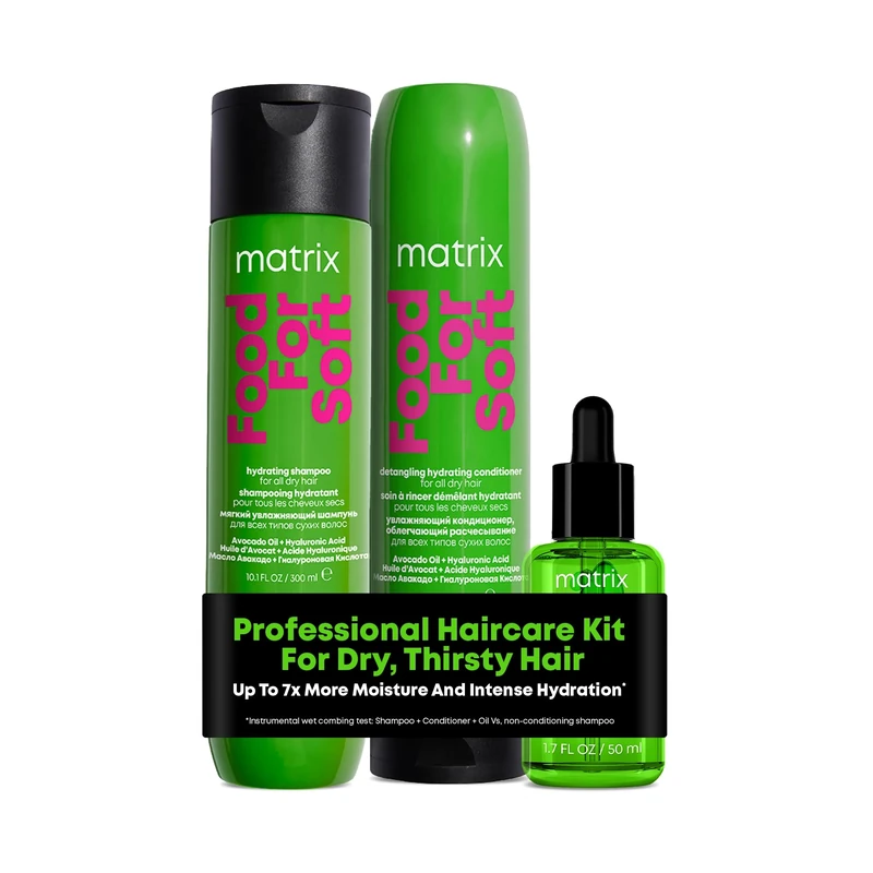 Matrix Food for Soft Hydrating shampoo 300ml, detangling conditioner 300ml and hair oil 50ml, infused with avocado oil and hyaluronic acid, for dry hair, trio