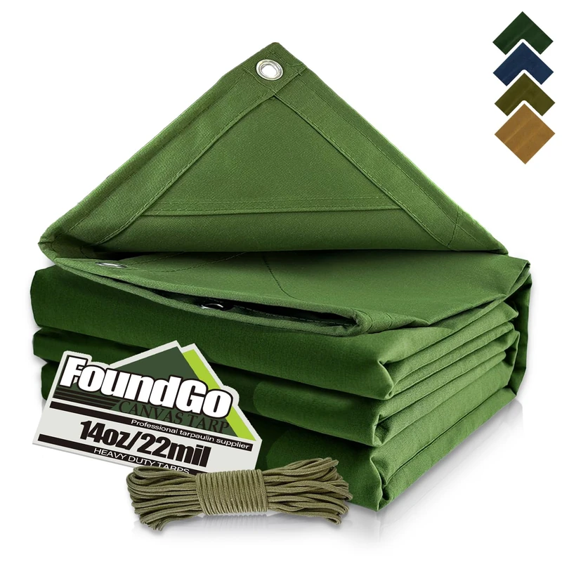 FoundGo Canvas Tarp 8'*12' Heavy Duty Waterproof Tarps with Grommets, UV Resistant, 22 Mil Tarpaulin,14 oz Durable Cloth Covers for Car, Roof, Boat, Camp, Canopy, Woodpile with Ropes.8'*12'