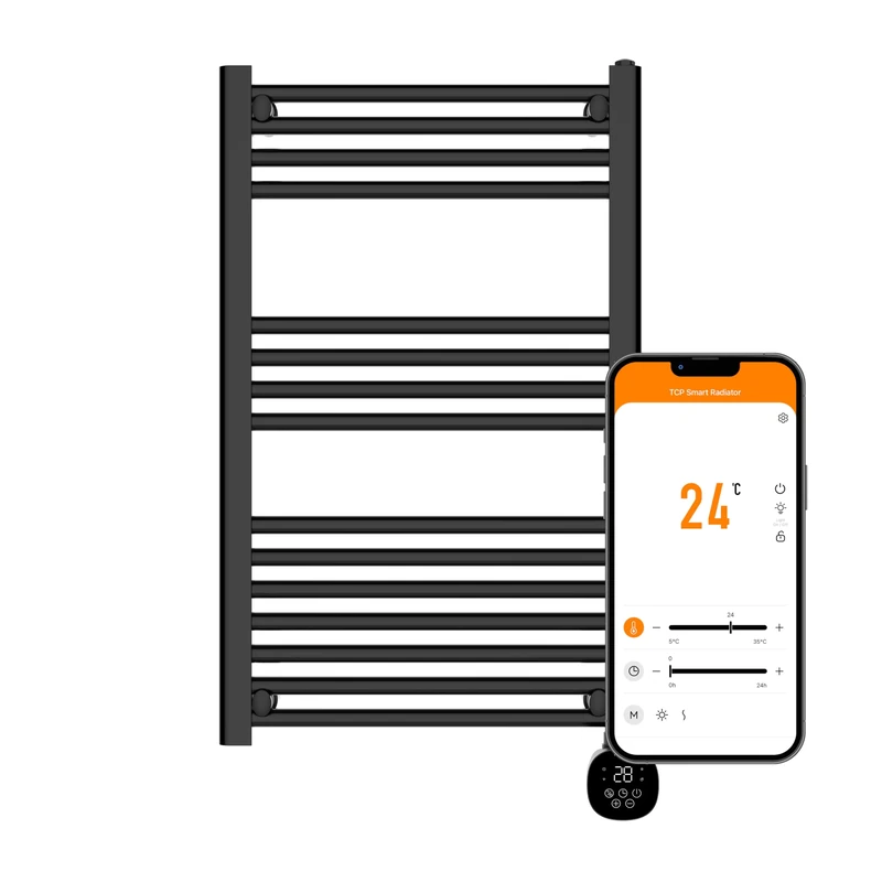 TCP Smart Modern Black Ladder Style Towel Rail Radiator 500W App Control Works with Alexa, Google Home & Siri Shortcuts, WiFi, IP24 Bathroom, Towel Warmer, Screen, Timer & Smart Schedules 500 x 850mm