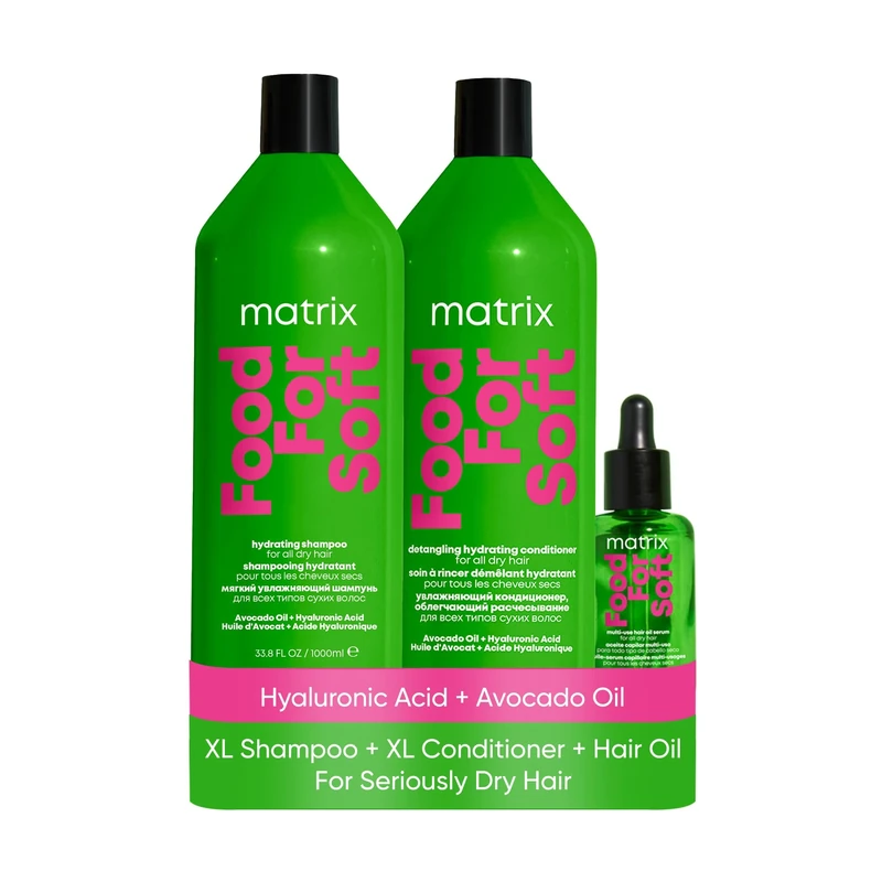 Matrix Food for Soft Hydrating shampoo 1L, detangling conditioner 1L and hair oil 50ml, infused with avocado oil and hyaluronic acid, for dry hair, trio