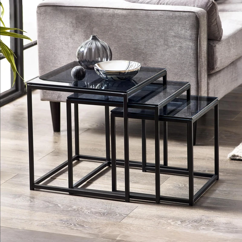 Julian Bowen Chicago Nest of 3 Tables, Smoked Glass/Black, One Size