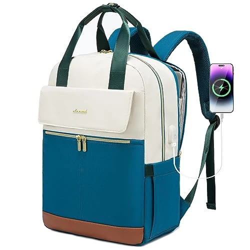 LOVEVOOK Laptop Backpack Purse for Women,Work laptop Bag, Beige/Blue-green/Brown, 15.6" - Image 1