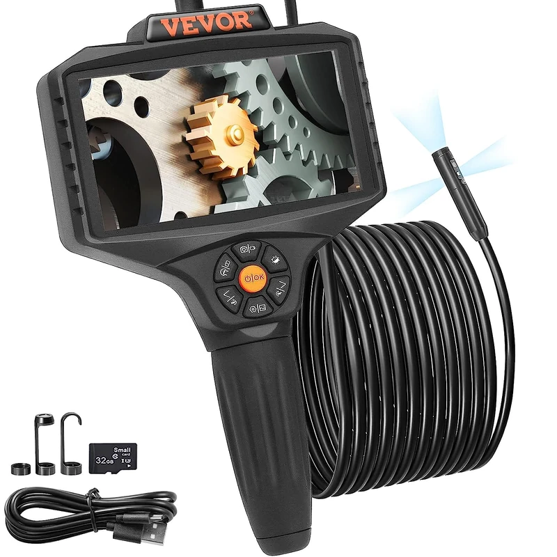 VEVOR Triple Lens Inspection Camera with Light, 5" IPS Screen Industrial Borescope, 8X Zoom 1080P HD Split Screen, 10 LED Lights Scope Camera for Automotive, Plumbing(16.5FT)