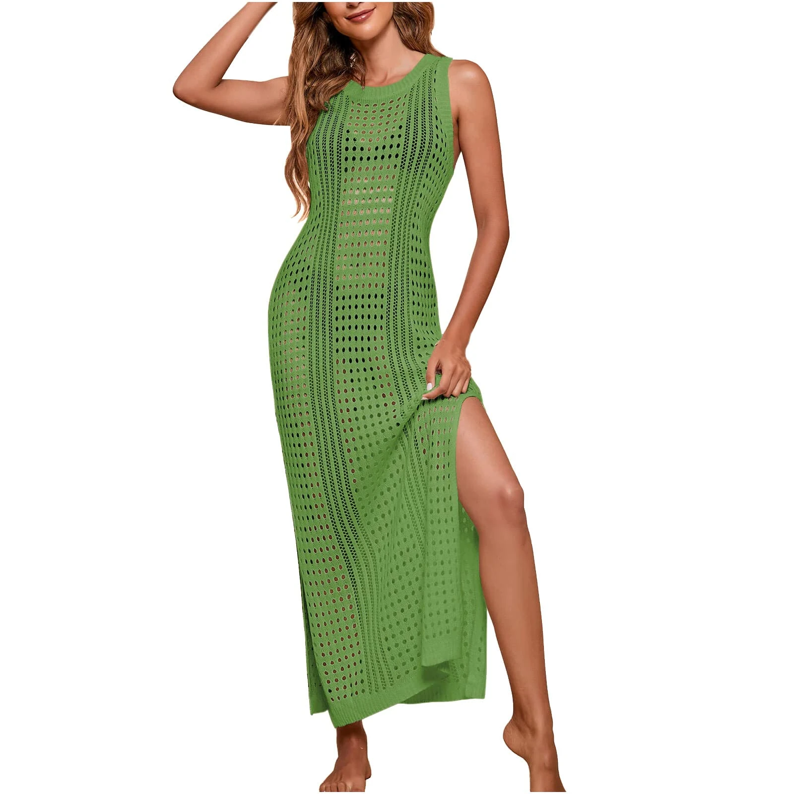 Women Beach Maxi Dress Bikini Cover Up Bathing Suit Crochet Hollow Out Swimsuit Beachwear Long Dress Sleeveless Summer Sundress Sale Clearance Green