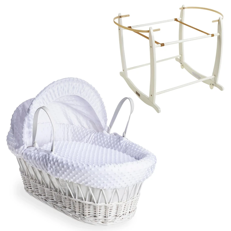 Clair de Lune Dimple White Wicker Moses Basket with White Deluxe Rocking Stand (White)