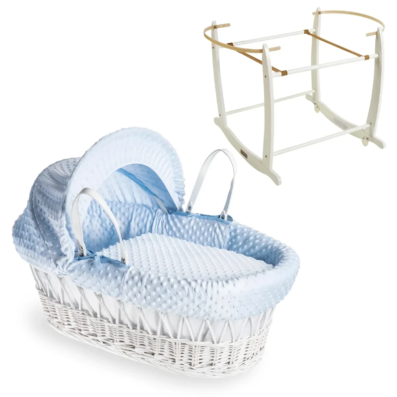 Clair de Lune Dimple White Wicker Moses Basket with Grey Deluxe Rocking Stand (Blue)