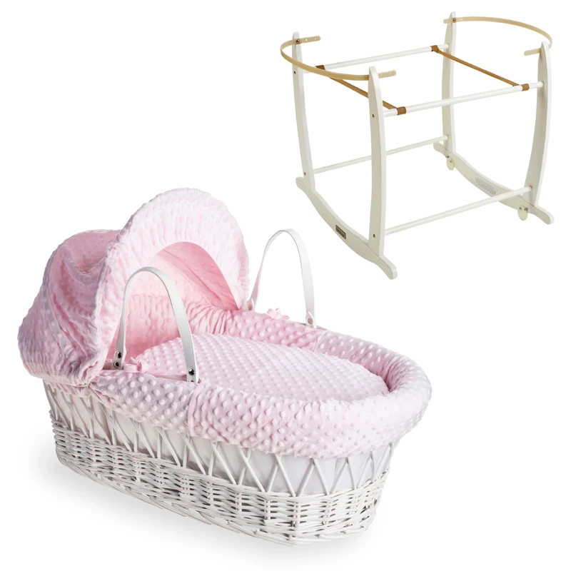 Clair de Lune Dimple White Wicker Moses Basket with White Deluxe Rocking Stand (Pink)