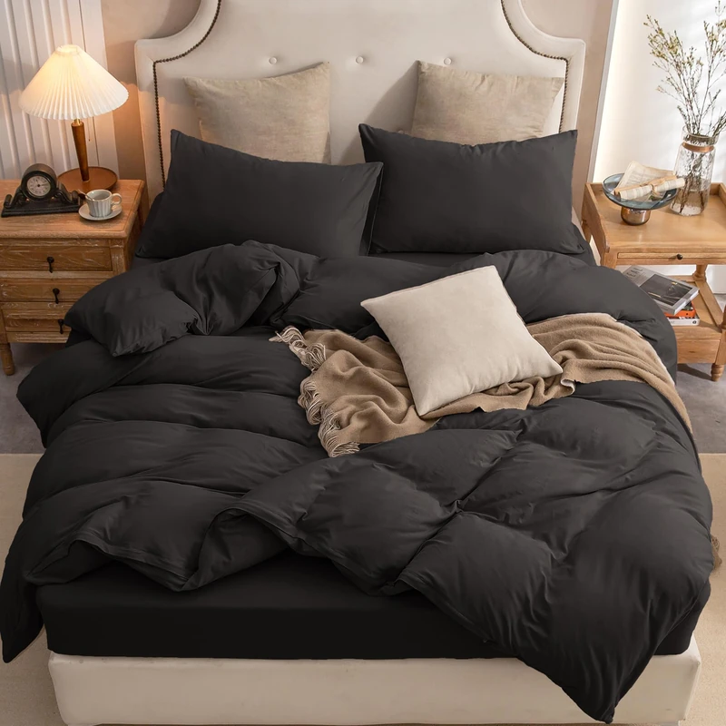 PURE ERA Jersey Knit Duvet Cover Set 100% T-Shirt Cotton Super Soft Comfy 2pc Bedding Set with Zipper Closure (Solid Black, Twin)