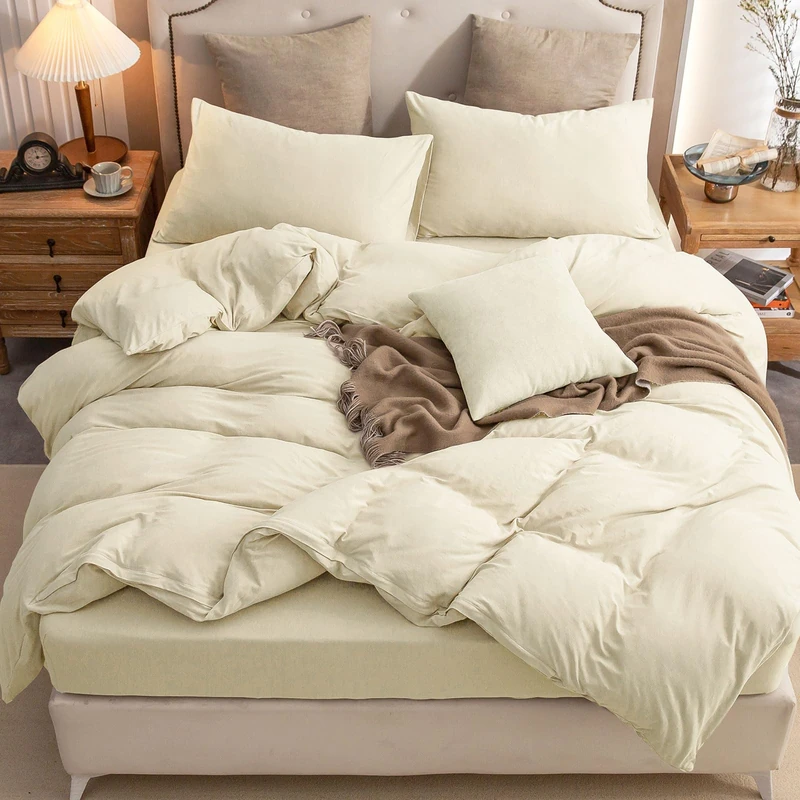 PURE ERA Jersey Knit Duvet Cover Set 100% T-Shirt Cotton Super Soft Comfy 3pc Bedding Set with Zipper Closure (Solid Creamy White, King)