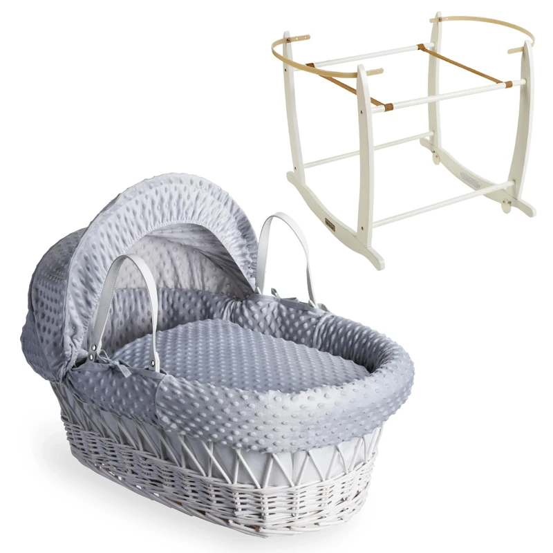 Clair de Lune Dimple White Wicker Moses Basket with White Deluxe Rocking Stand (Grey)
