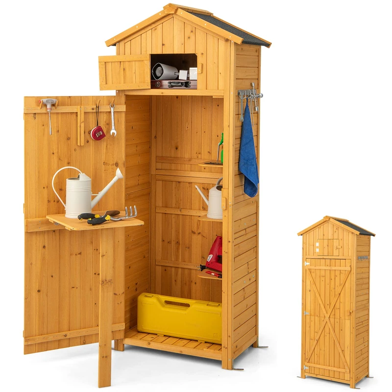 GiantexUK Garden Shed, Fir Wood Tool Storage Cabinet with Slope Roof, Lockable Door, Detachable Shelves, Roof Hatch, Folding Table & Hanging Hooks, Outdoor Vertical Storage Sheds, 75x50x180cm Natural