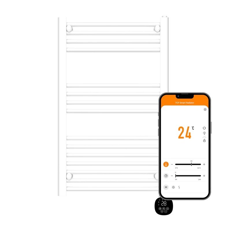 TCP Smart Modern White Ladder Style Towel Rail Radiator 500W App Control Works with Alexa, Google Home & Siri Shortcuts, WiFi, IP24 Bathroom, Towel Warmer, Screen, Timer & Smart Schedules 500 x 850mm