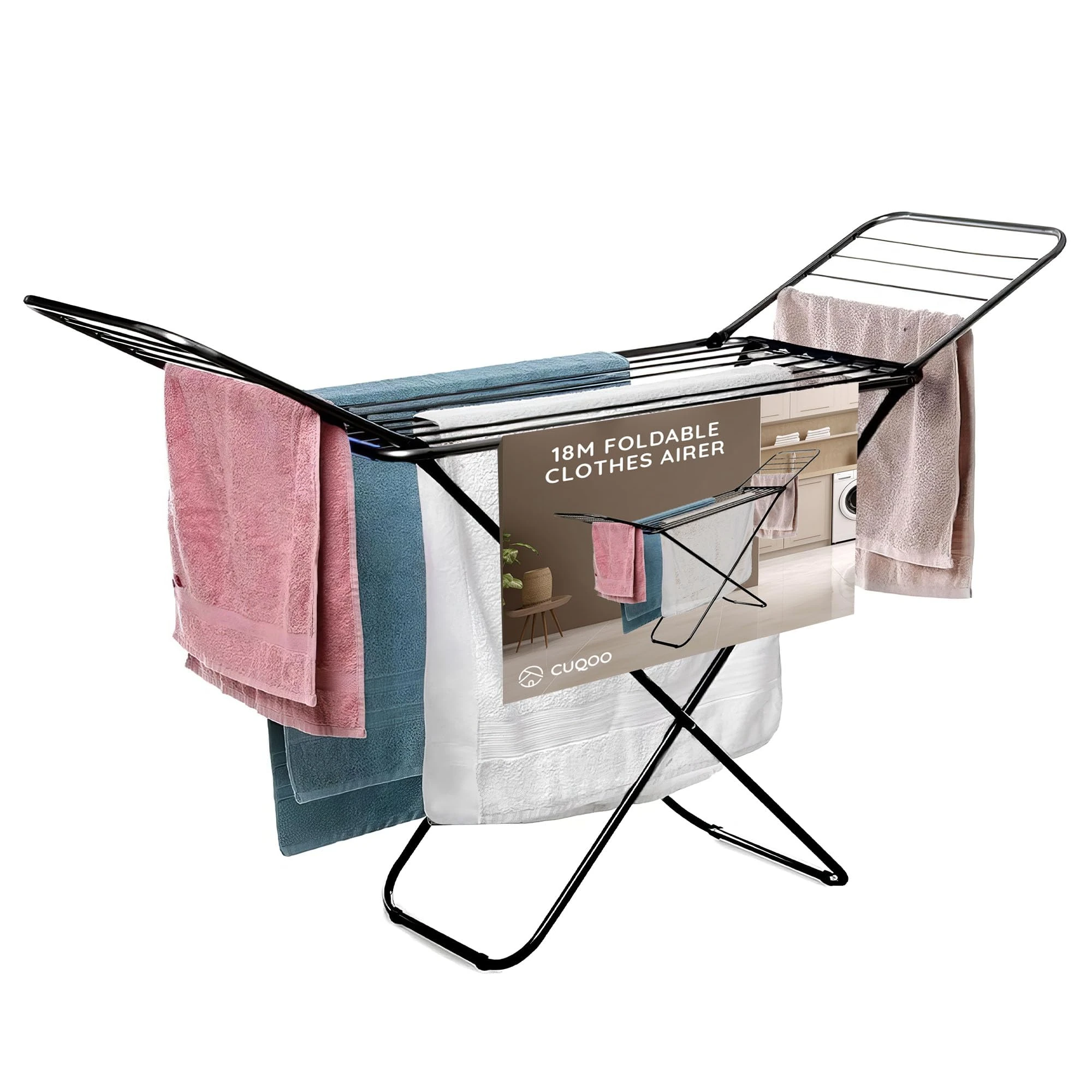 CUQOO Foldable Clothes Airer – Heavy Duty Indoor & Outdoor Clothes Drying Rack with 22 Bars, Winged Laundry Airer Folding Clothes Horse for Washing, Compact Foldable Laundry Dryer Stand